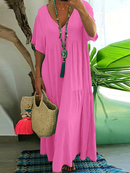 Sizes to 5XL, Loose Casual Midi Dress, V-neck, Short Loose Sleeves