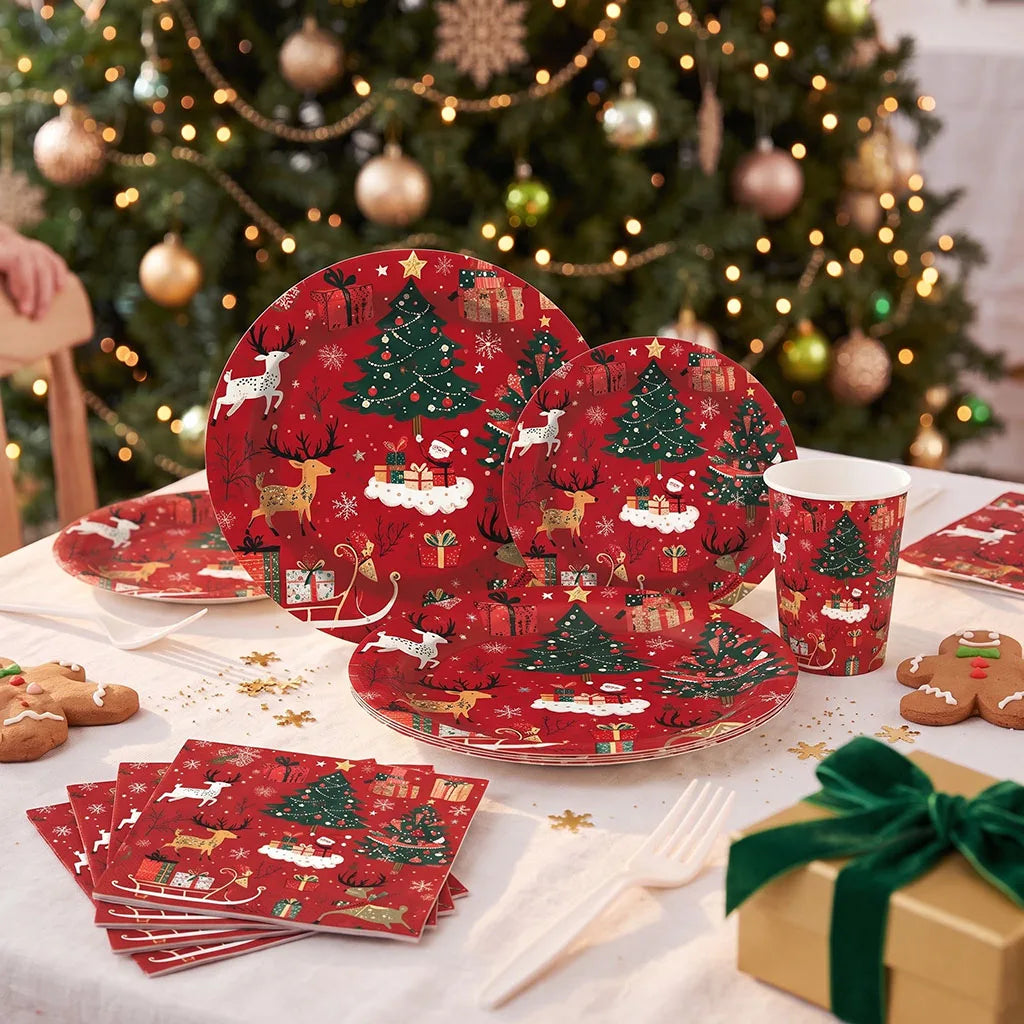 Christmas Reindeer and Trees Disposable Tableware Set, Plates, Cups, Straws, Napkins