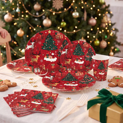 Christmas Reindeer and Trees Disposable Tableware Set, Plates, Cups, Straws, Napkins