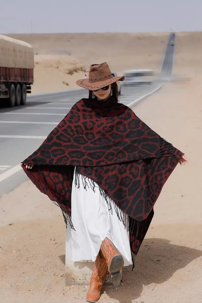 Vintage Boho Leopard Print Soft Over-the-Head Cloaks With Tassels