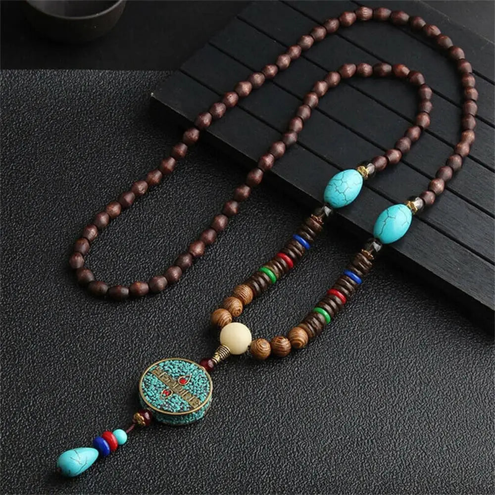 Long Wooden Beaded Tassel Boho  Necklace Nepal Wood Beads