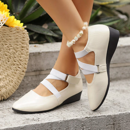 Mary Jane Flats with 1 Pearl Ankle Strap, Retro French Style Cross Elastic Band Shoes
