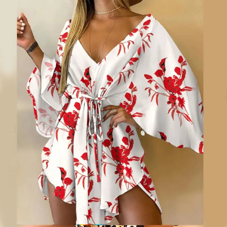 Boho Print Mini Dress or Beach Cover-Up in 12 different Prints, V-Neck, Bat Sleeves, Short Angular Hem, Gathered Waist