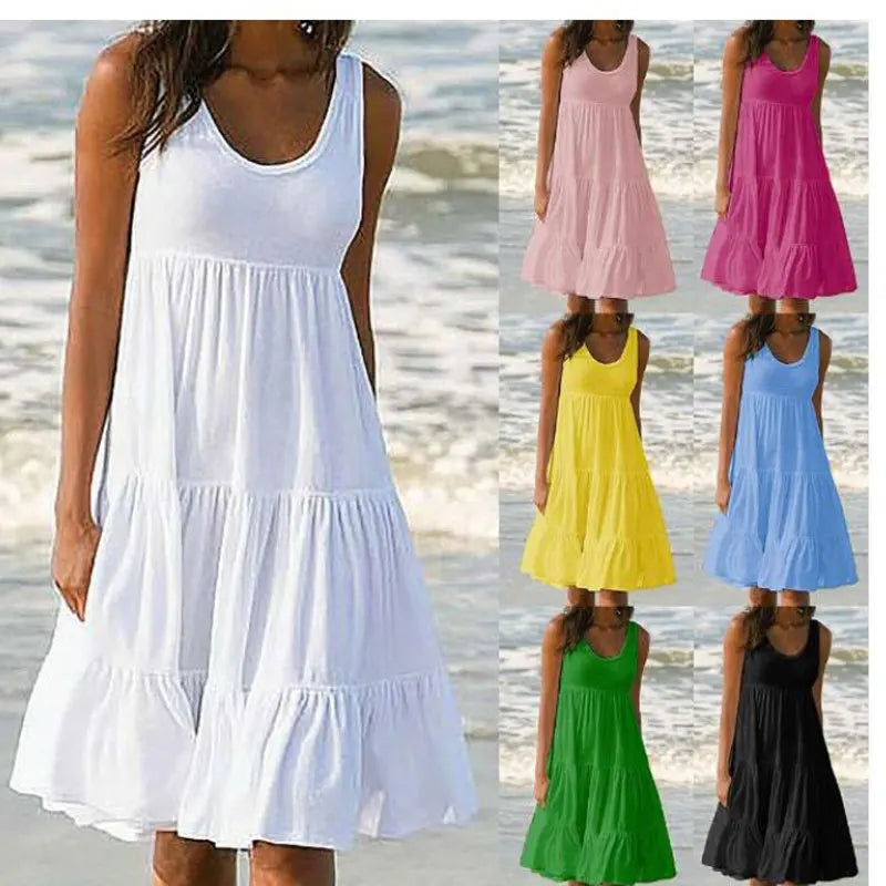 Sizes to 5XL, Casual Boho Tank Top Neck, Sleeveless, Tiered Ruffles, Oversized Loose Dress
