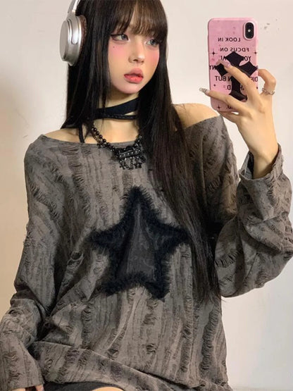 Thin T-Shirt with Oversized Neck, Drawstring Bottom, Long Sleeve, Long length, Baggy