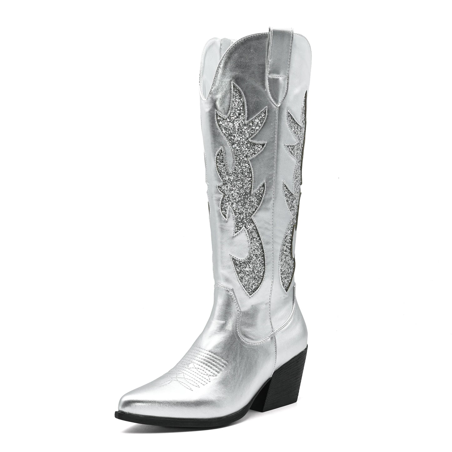 Embroidered Western Cowgirl Boots, Pointed Toe, Thick Heel,  Knee High Boots