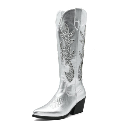 Embroidered Western Cowgirl Boots, Pointed Toe, Thick Heel,  Knee High Boots