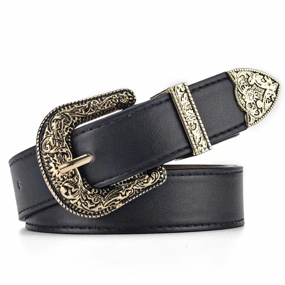 Vintage Carved Needle Buckle Belt PU Leather Belt