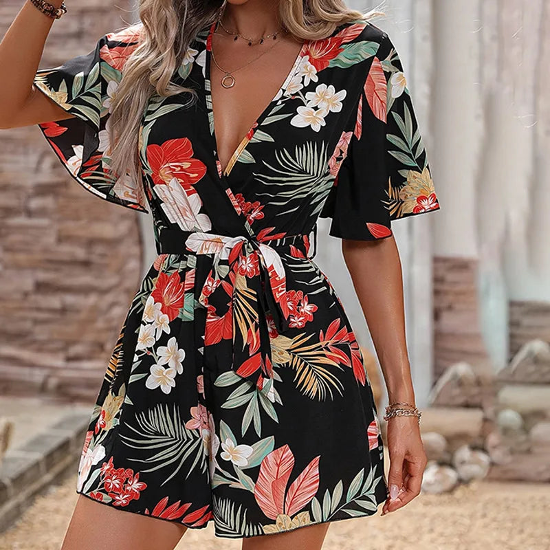 Bohemian Floral Print Short Jumpsuits, Short Loose Airy Sleeves, Wide Legs,