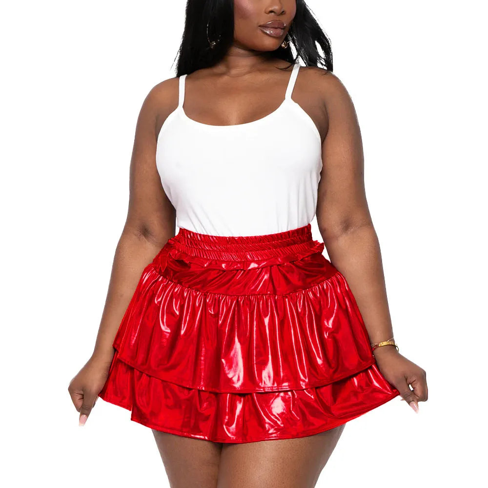 Sizes to 8XL!! Hologram Laser Tiered Pleated Mini Skirts, High Elastic Waist, A-line