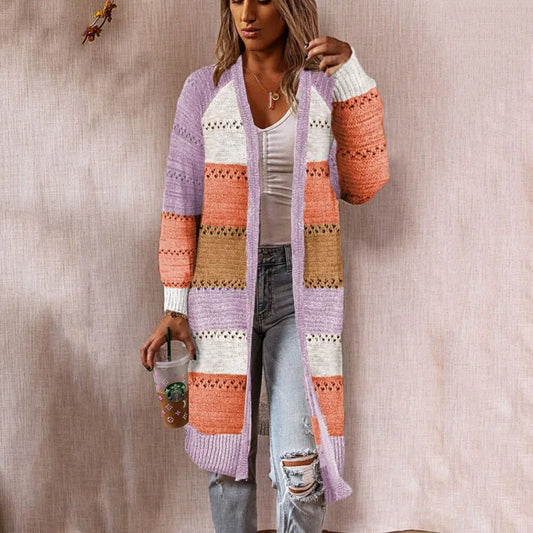 Multi-Color Mid-Length Knitted Cardigan Sizes to 3XL