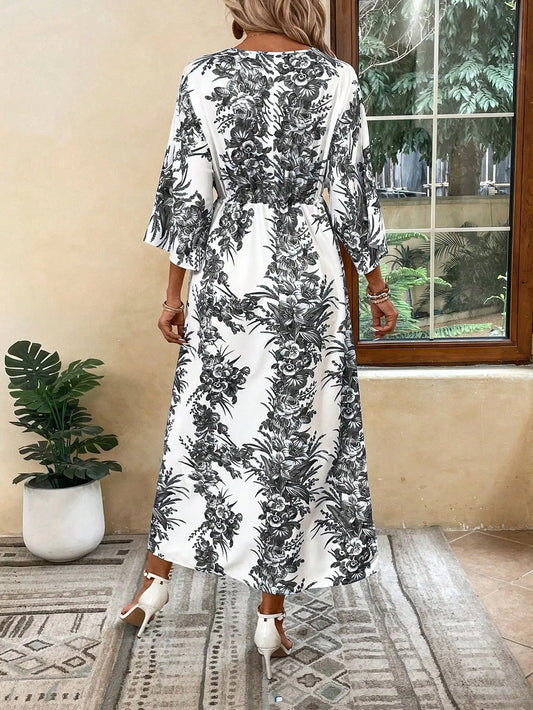Bohemian Floral Print Maxi Dress, V Neck, 3/4 Sleeve, High Waist, Split Front Long Dress