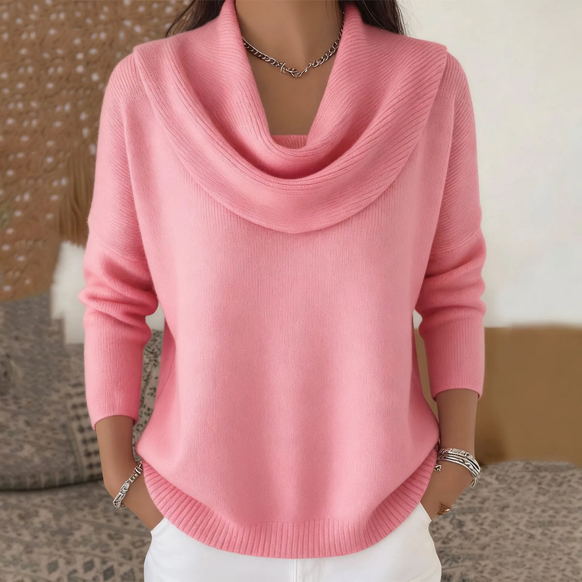 Sizes to 3XL Draped Cowl Neck Pullover Sweater, 24 Colors