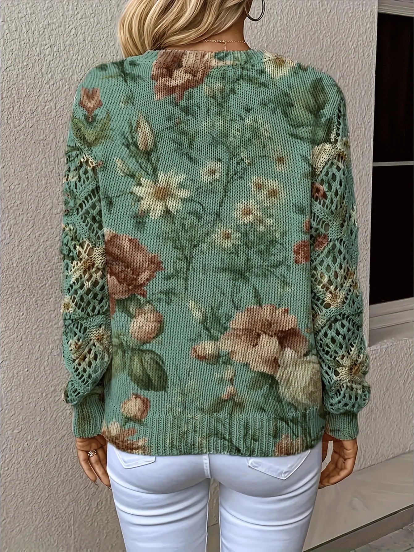 Boho Floral Print V Neck Crocheted Long Sleeved Sweater with Hollowed Out Knit Sleeves in 12 Different Designs