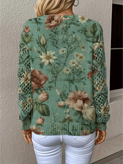 Boho Floral Print V Neck Crocheted Long Sleeved Sweater with Hollowed Out Knit Sleeves in 12 Different Designs