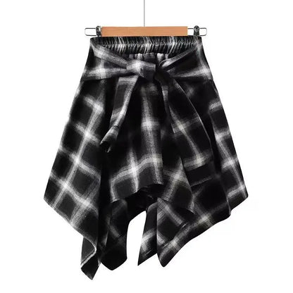 Sporty Street Style with Ruffle and Bow Tie Asymmetrical Hankie Hemline Elastic Waist, Plaid Patterned Skirt--Sizes 58 Centimeter Waist
