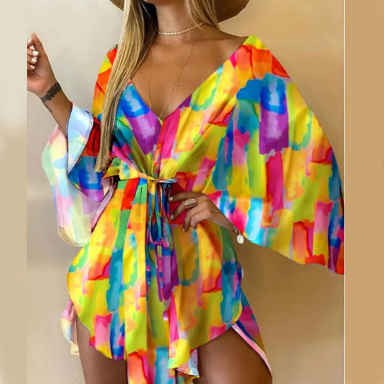Boho Print Mini Dress or Beach Cover-Up in 12 different Prints, V-Neck, Bat Sleeves, Short Angular Hem, Gathered Waist