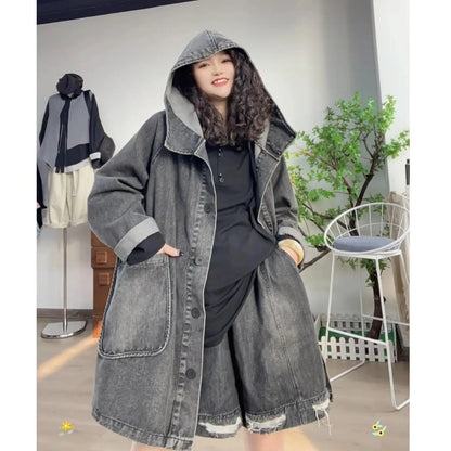 Long Oversized Loose Vintage Denim Jackets With Deep Pockets in Faded Washed Blue and Black