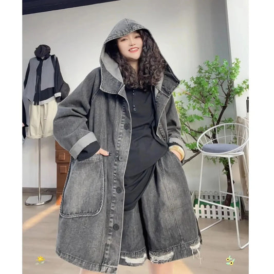 Long Oversized Loose Vintage Denim Jackets With Deep Pockets in Faded Washed Blue and Black