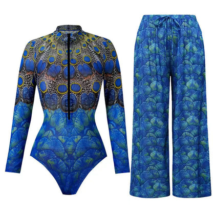 One-Piece Swimsuit Sun Protection Long Sleeves Beachwear With Pants
