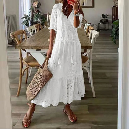 Sizes to 2XL, Bohemian, White Cotton Casual Dress, Loose, Tatting on Dress and Sleeves, V-Neck with Tie Cord