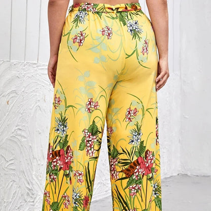 Sizes to 8XL!!!!       Boho Floral Print Summer Elegant Wide Leg Pants Elastic Waist with Sashes Casual Yellow