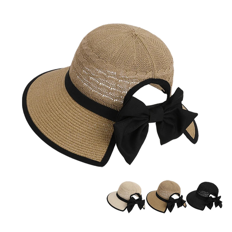 Bow-tied Straw Sun Hat with Ponytail Hole  in 3 Colors