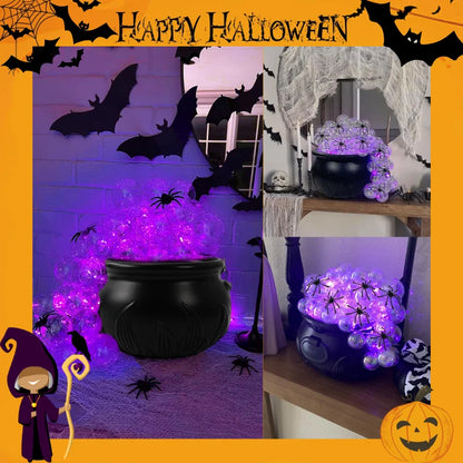 Indoor Halloween DIY Bubbling Witch Cauldron. Consists of 1 witch cauldron, cotton filling, 40 clear balls, and a string of twinkling lights, glue, and 10 simulated spiders.