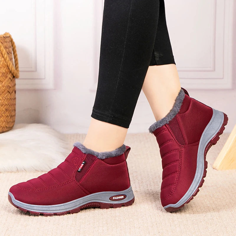 Waterproof Plush, Warm Ankle Snow Boots in Red, Black, Blue, Green, and Tan.