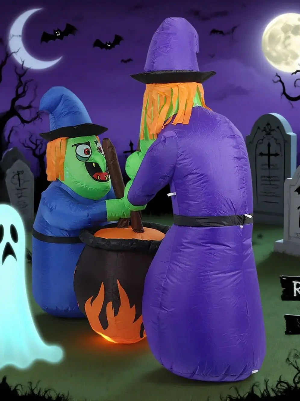 Two 5Ft Halloween Inflatable Witches and Cauldron with Built-in LEDs