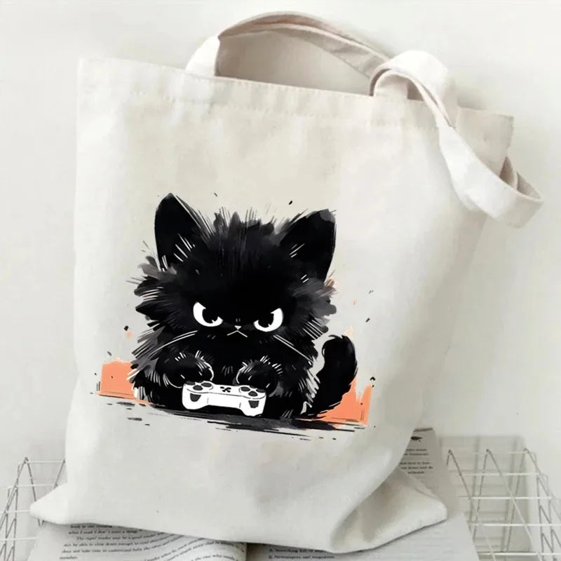 Anime Black Cat Print Canvas Bag USE AS A GIFT BAG---WHY USE PAPER?  THE BAG CAN BE PART OF THE GIFT!!
