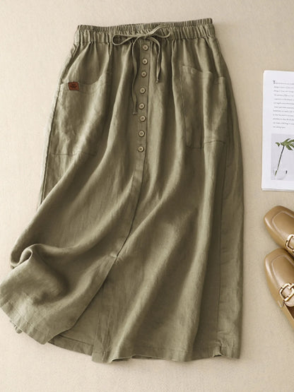 Retro Cotton Linen Elastic and Drawstring Waist Skirt, with Pockets