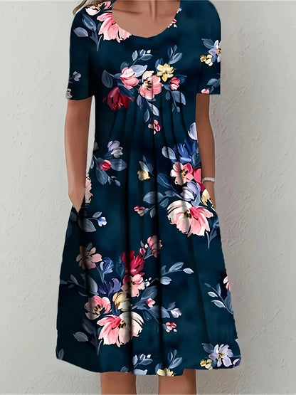 Loose Casual Floral Printed Dress with Pockets, Short Sleeves, and a Scoop Neck