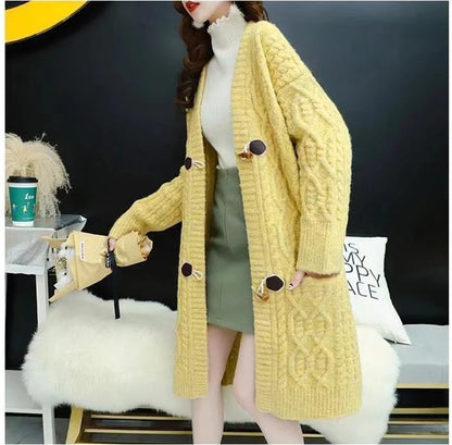 Cable Knitted Mid-Length Cardigan with Pockets and Two Large Black Buttons. Peach, Yellow, Off White, and Green