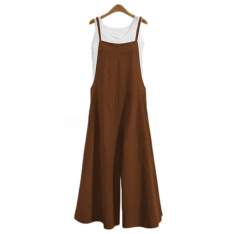 Spaghetti Strapped Jumpsuit to Sizes 5XL. Solid Color, Wide Leg Pants. Bibbed Overalls with Pockets. Casual, Loose, Cotton Linen