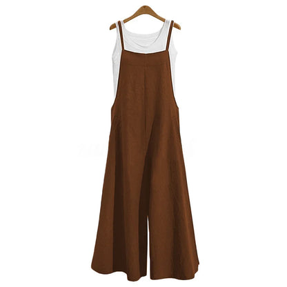 Spaghetti Strapped Jumpsuit to Sizes 5XL. Solid Color, Wide Leg Pants. Bibbed Overalls with Pockets. Casual, Loose, Cotton Linen