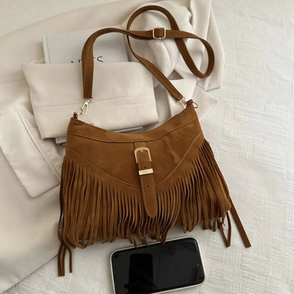 Bohemian Suede Leather Under-Arm Zipper, Tassels, Shoulder Bag, Solid Color PU Leather, Black, Grey, Coffee, and Light Brown