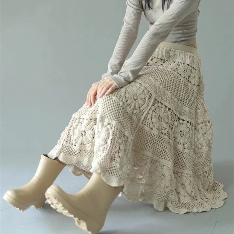 French Chic Retro Boho Crochet Maxi Skirts Women Openwork Hollowed Out Lace Elastic Waist
