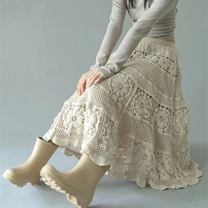 French Chic Retro Boho Crochet Maxi Skirts Women Openwork Hollowed Out Lace Elastic Waist
