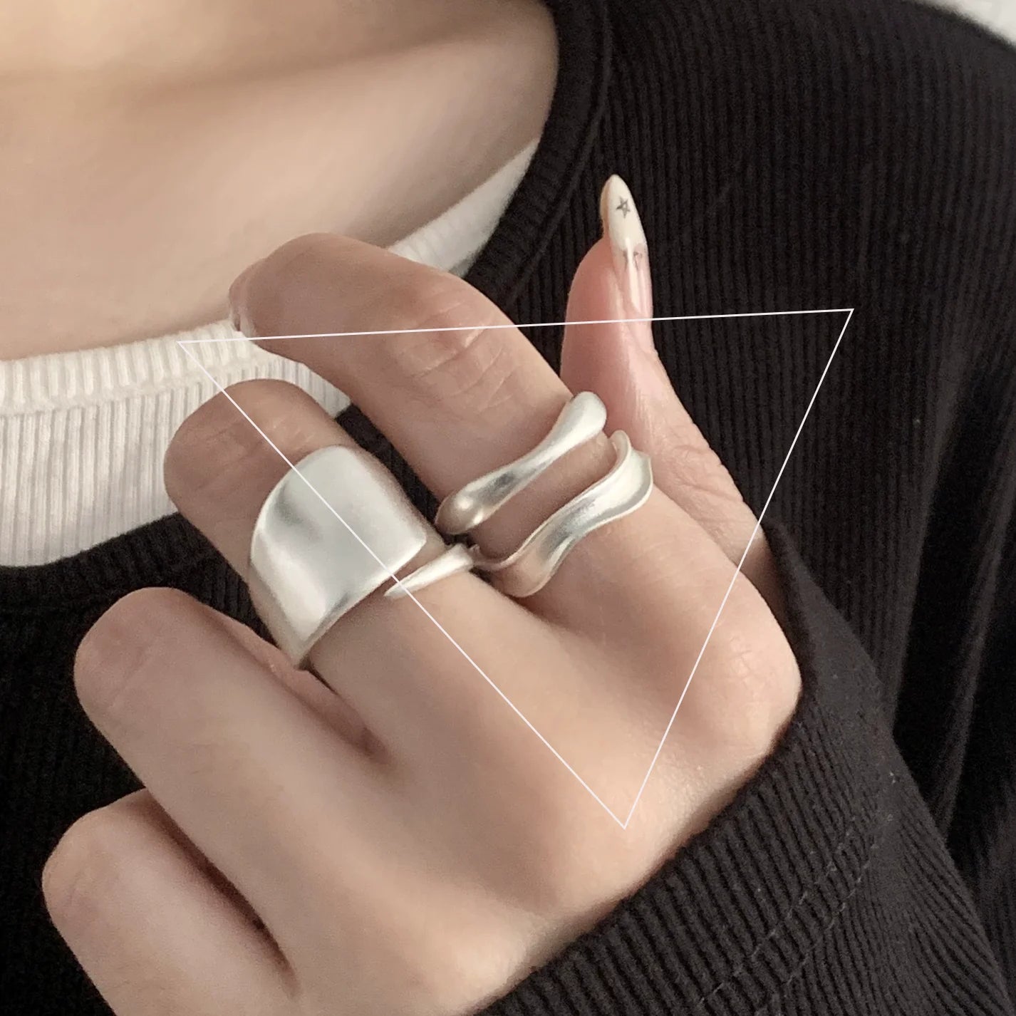Sterling Silver Rings INS Fashion Vintage Hollow Lines  Adjustable  Jewelry