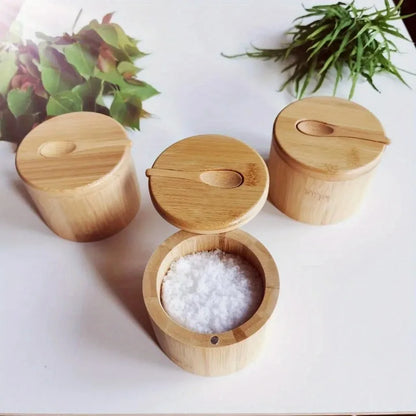 Salt, Pepper, Sugar Condiment Bowl, Bamboo with Spoon in Lid