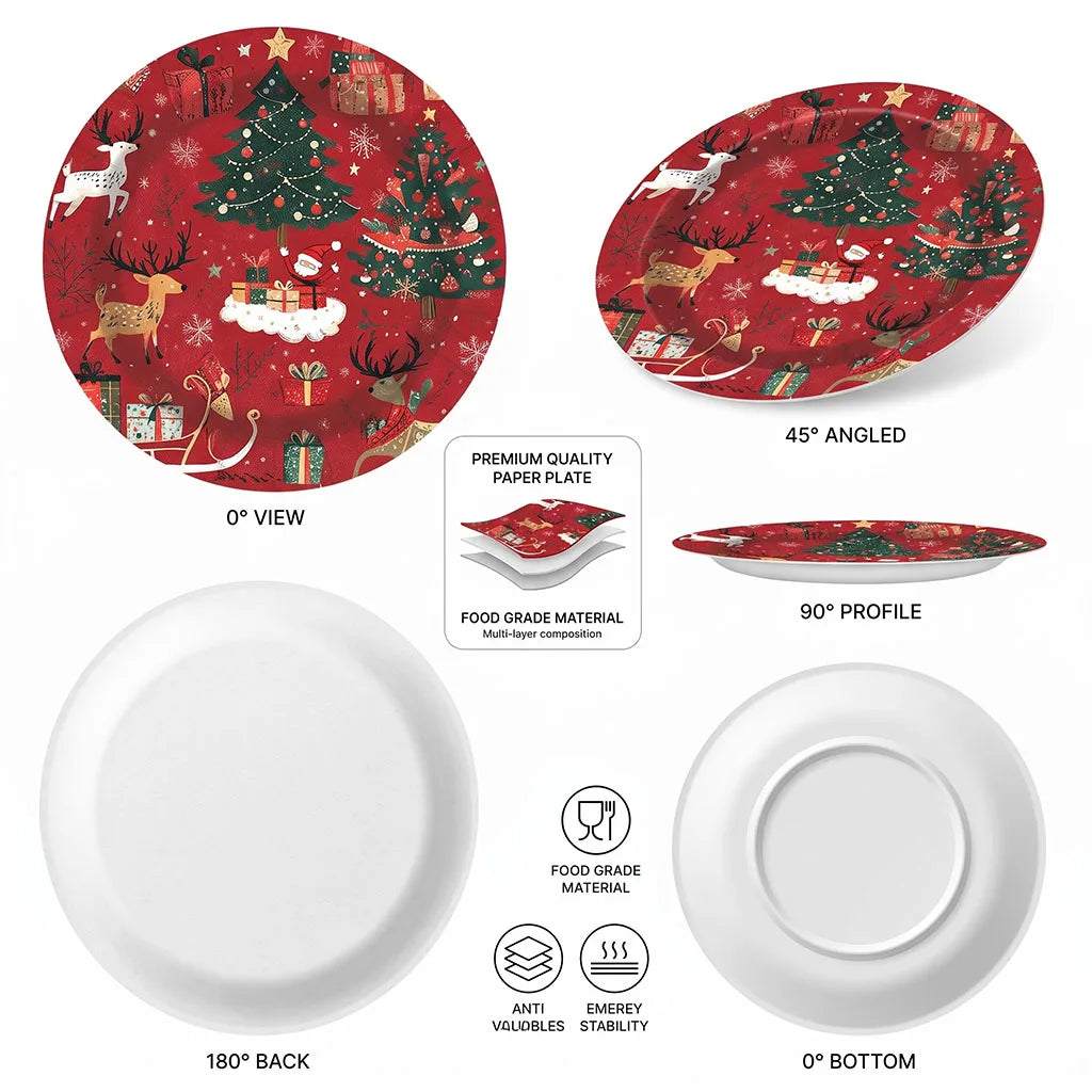 Christmas Reindeer and Trees Disposable Tableware Set, Plates, Cups, Straws, Napkins
