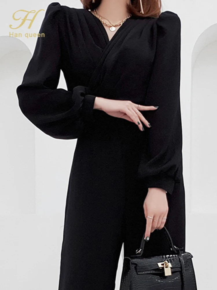 Elegant Business Jumpsuit Women Wide Leg Long pants Long Sleeves Casual High Waist