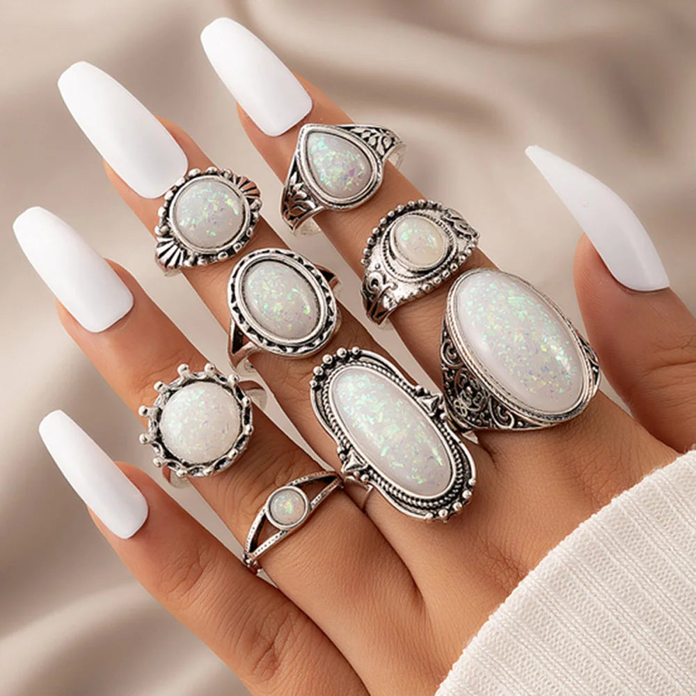 Tray of 20Pcs Vintage Bohemian Turquoise Stone Rings For Women Men Mix