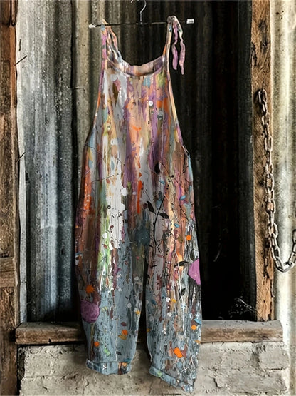 Sling Jumpsuit, Tie String Straps, Floral Printed, Wide Leg Pants, Casual Outdoor, Loose,  Comfortable, Breathable