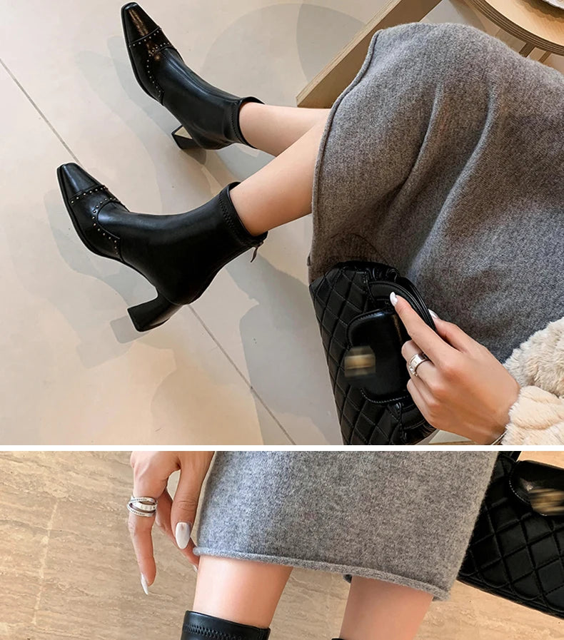 Rivetted Boots with Square Toes and Chunky Heels. Over the Ankle Stretch Tops