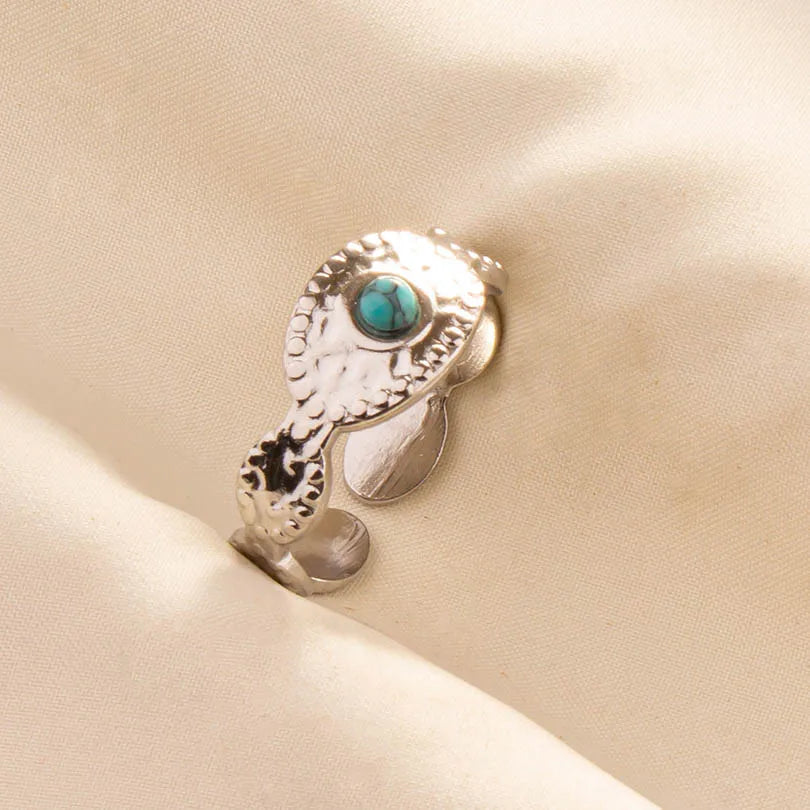 1pc Boho Turquoise Ring Stainless Steel Light Blue Gemstone Silver Adjustable Ring