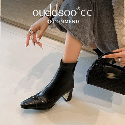 Rivetted Boots with Square Toes and Chunky Heels. Over the Ankle Stretch Tops