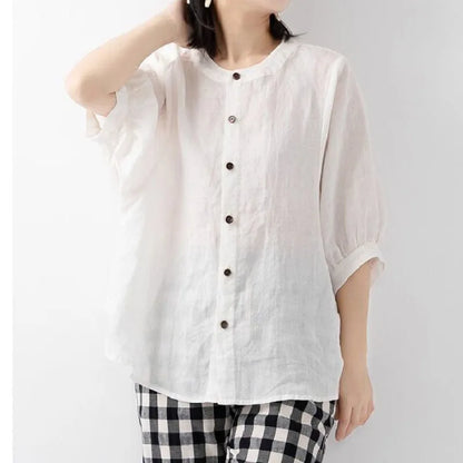 Sizes to 4XL, Cotton-linen blend shirt solid colors with lantern sleeves stand collar loose large size shirt. Variety of colors
