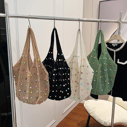 Boho Crochet Bag with Colored Beads Aesthetic Large Capacity Knitted Tote/Handbag Available in 4 Colors